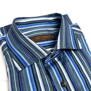 ETRO Milano Casual Button Up Shirt Cotton Blue Gray Striped Italy size 41 US 16